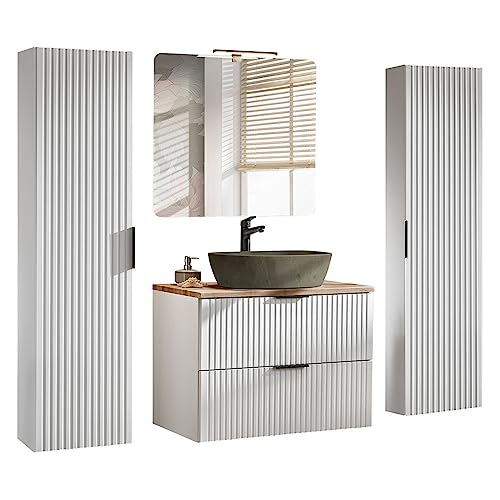 Lomadox Badezimmer Badmöbel Set matt weiß gerillt mit Eiche, 80 cm Waschtisch-Unterschrank mit Keramik-Waschbecken, Spiegel mit LED-Beleuchtung & Hochschrank von Lomadox
