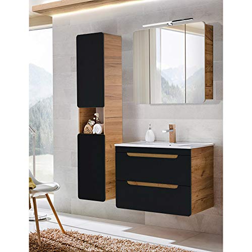 Lomadox Badezimmer Badmöbel Set mit Keramik-Waschtisch mit 81 cm Unterschrank, seidenmatt anthrazit mit Wotan Eiche Nb., Hochschrank und LED-Spiegelschrank Lomadox Badezimmer Badmöbel Set mit Keramik-Waschtisch mit 81 cm Unterschrank, seidenmatt anthrazit mit Wotan Eiche Nb., Hochschrank und LED-Spiegelschrank von Lomadox