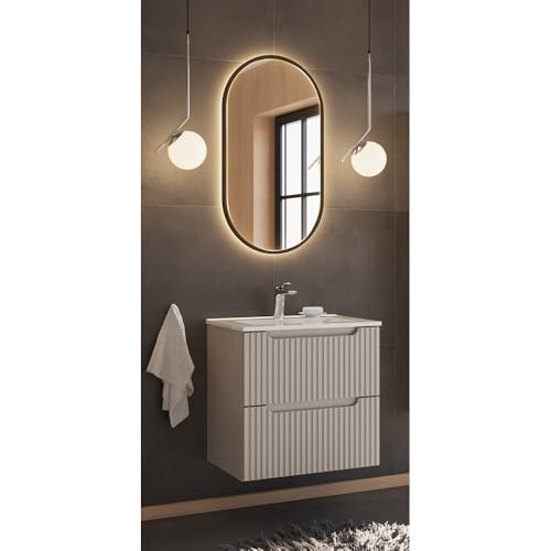 Lomadox Badezimmer Badmöbel Waschplatz Set 2-teilig mit 60cm Waschtisch & LED-Spiegel, Kaschmir, gerillte Front von Lomadox