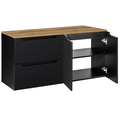 Lomadox Badezimmer Doppelwaschtisch-Unterschrank 120cm, in schwarz mit Eiche, gerillte Front, grifflos von Lomadox