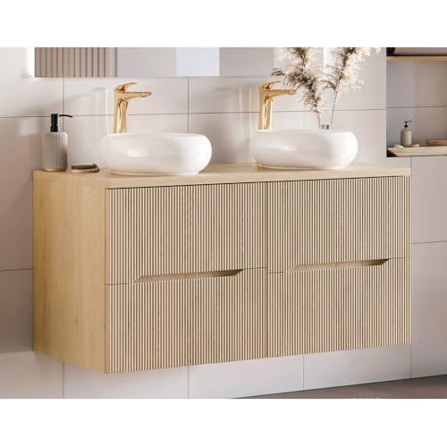Lomadox Badezimmer Doppelwaschtisch mit 2 Keramikwaschbecken, 120 cm breit in Eiche, 4 Softclose-Schubladen mit Rillenoptik, grifflos modern von Lomadox