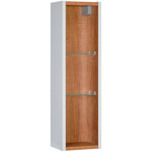 Lomadox Badezimmer Hängeschrank Regal in Glanz weiß mit Wotan Eiche, 2 Glasböden, 3 Fächer, B/H/T 20/70/16 cm von Lomadox
