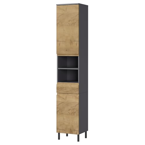 Lomadox Badezimmer-Hochschrank 34 cm breit in Eiche mit Graphit, modern, Metallfüße, grifflos, 2 Türen, 1 Schublade Lomadox Badezimmer-Hochschrank 34 cm breit in Eiche mit Graphit, modern, Metallfüße, grifflos, 2 Türen, 1 Schublade von Lomadox