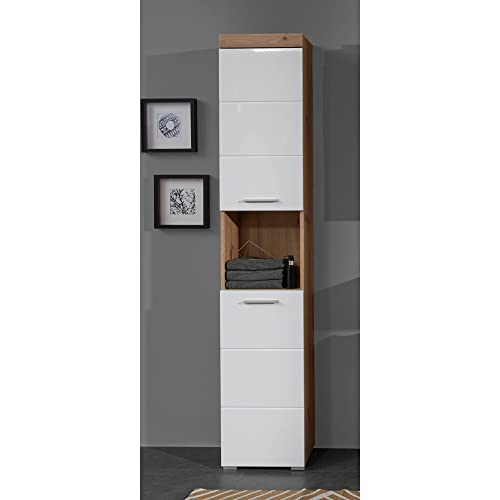 Lomadox Badezimmer Hochschrank in Weiß Hochglanz mit Absetzung in Asteiche Nb., B/H/T: ca. 37/190/31 cm Lomadox Badezimmer Hochschrank in Weiß Hochglanz mit Absetzung in Asteiche Nb., B/H/T: ca. 37/190/31 cm von Lomadox