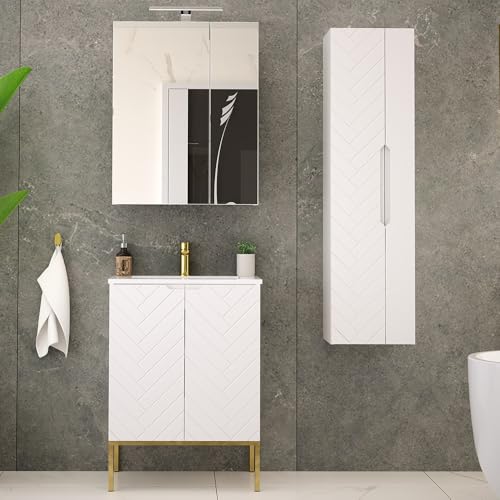 Lomadox Badezimmer Komplett Set 3-teilig Badezimmermöbel Waschtisch Hochschrank Spiegelschrank weiß matt mit gefrästen Fronten von Lomadox