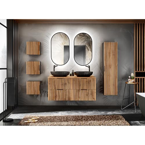 Lomadox Badezimmer Komplett Set 7-teilig schwarz gerillt Doppelwaschtisch 121 Unterschränke Aufsatzwaschbecken LED Spiegel Hängeschränke Hochschrank anthrazit mit Eiche Nb. von Lomadox