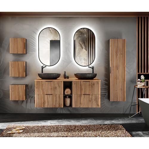 Lomadox Badezimmer Komplett Set 7-teilig schwarz gerillt Doppelwaschtisch 141 cm mit Regal Aufsatzwaschbecken LED Spiegel 3 Hängeschränke Hochschrank anthrazit mit Eiche Nb. von Lomadox