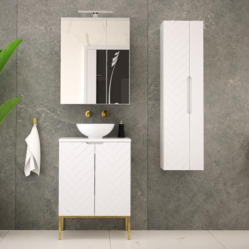 Lomadox Badezimmer Komplett Set Badezimmermöbel 3-teilig Waschtisch Hochschrank Spiegelschrank weiß matt mit gefrästen Fronten von Lomadox