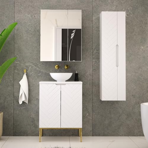 Lomadox Badezimmer Komplett Set Badezimmermöbel 3-teilig Waschtisch Hochschrank Spiegelschrank weiß matt mit gefrästen Fronten von Lomadox