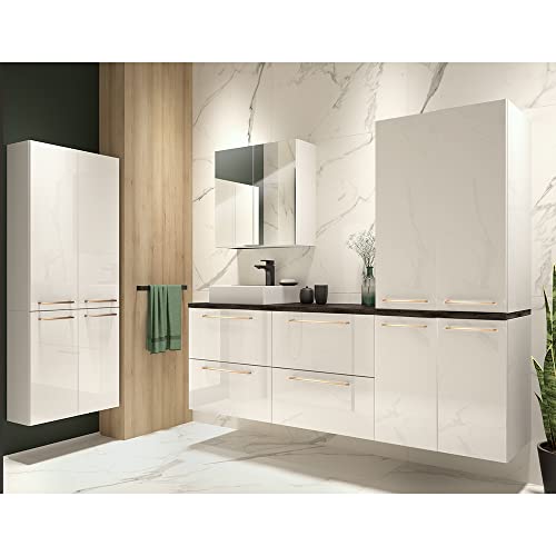 Lomadox Badezimmer Möbel Set in weiß Hochglanz mit Metallgriffen in Kupfer und Beton Dunkel Lomadox Badezimmer Möbel Set in weiß Hochglanz mit Metallgriffen in Kupfer und Beton Dunkel von Lomadox