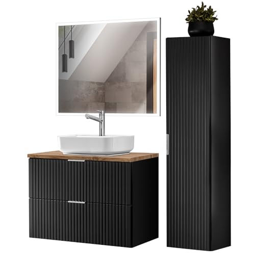 Lomadox Badezimmer Möbel Set mit Keramik Aufsatzbecken, Hochschrank und rechteckigem LED Spiegel, matt schwarz mit Eiche Nb., gerillte Front Lomadox Badezimmer Möbel Set mit Keramik Aufsatzbecken, Hochschrank und rechteckigem LED Spiegel, matt schwarz mit Eiche Nb., gerillte Front von Lomadox