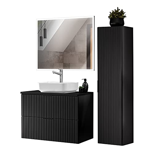 Lomadox Badezimmer Möbel Set mit Keramik Aufsatzbecken, Hochschrank und rechteckigem LED Spiegel, matt schwarz mit gerillter Front, B/H/T ca. 130/200/46,5 cm von Lomadox