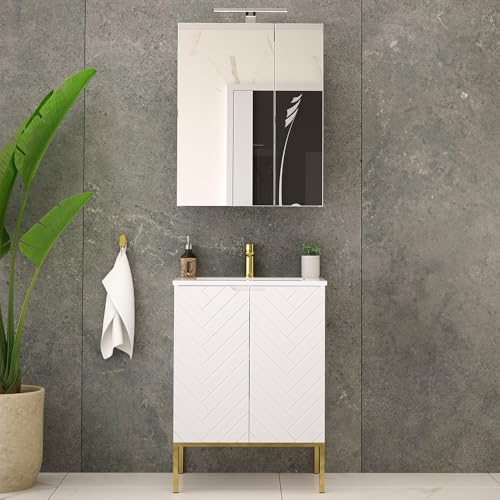 Lomadox Badezimmer Set 2-teilig Badezimmermöbel inkl. Waschtisch Spiegelschrank modern in weiß matt mit gefrästen Fronten von Lomadox