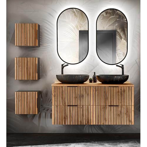 Lomadox Badezimmer Set 6-teilig Doppelwaschtisch Unterschränke 120,6x46,5 cm (BxT) Aufsatzwaschbecken 3 Hängeschränke LED-Spiegel anthrazit mit Eiche Nb. schwarz gerillt von Lomadox