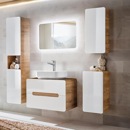 Lomadox Badezimmer Set Hochglanz weiß und Wotan Eiche Nb., Keramik-Waschbecken und LED-Spiegel Lomadox Badezimmer Set Hochglanz weiß und Wotan Eiche Nb., Keramik-Waschbecken und LED-Spiegel von Lomadox