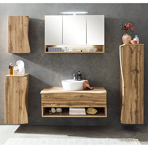 Lomadox Badezimmer Set in Wotan Eiche Nb. mit Baumkantenoptik LED Spiegelschrank und Keramik Waschbecken, B/H/T: 216/200/52 cm von Lomadox