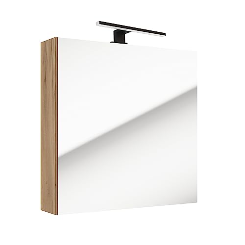 Lomadox Badezimmer Spiegelschrank 1 Tür 60 cm 2 Glas Einlegeböden Ablage mit LED Aufbauleuchte Eiche Nb. B/H/T: 60/65/15 cm von Lomadox