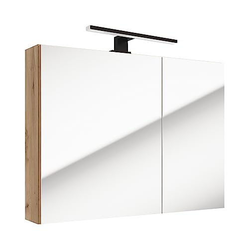 Lomadox Badezimmer Spiegelschrank 2 Türen 80 cm 2 Glas Einlegeböden Ablage mit LED Aufbauleuchte Eiche Nb. B/H/T: 80/65/15 cm von Lomadox