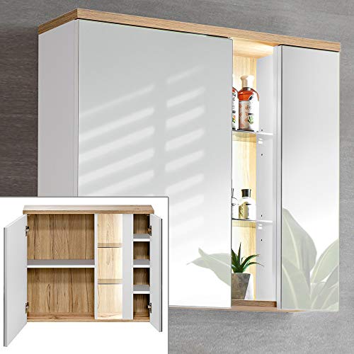 Lomadox Badezimmer Spiegelschrank 80cm weiß mit Wotaneiche, LED-Beleuchtung, B x H x T ca.: 80 x 70 x 20cm von Lomadox