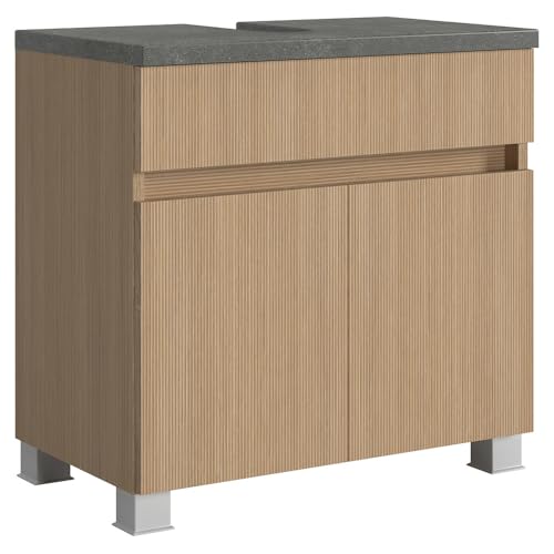Lomadox Badezimmer Waschbeckenunterschrank Waschbeckenschrank 60 cm breit in Eiche hell mit Steinoptik dunkel, 2-türig, stehend oder hängend montierbar (Füße im Lieferumfang enthalten) von Lomadox