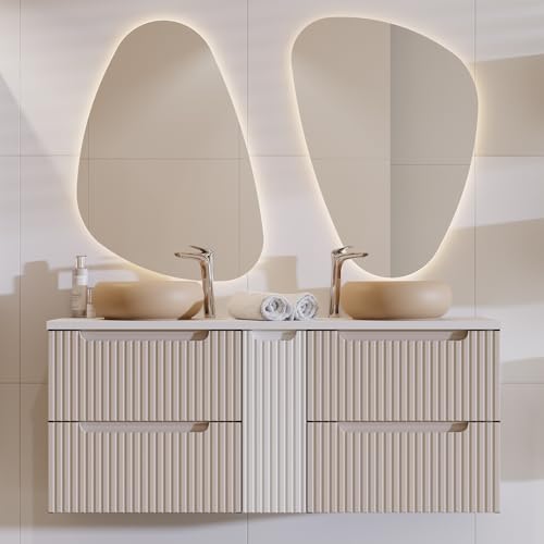 Lomadox Badezimmer Waschplatz Badmöbel Set 3-teilig mit 140cm Doppelwaschtisch, Kaschmir und weiß, gerillte Front | inkl. LED-Spiegel Lomadox Badezimmer Waschplatz Badmöbel Set 3-teilig mit 140cm Doppelwaschtisch, Kaschmir und weiß, gerillte Front | inkl. LED-Spiegel von Lomadox