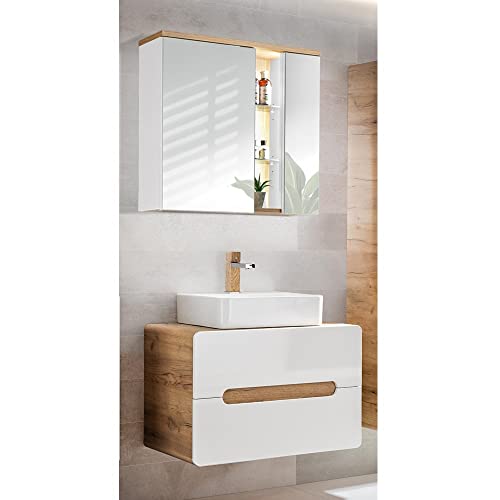 Lomadox Badezimmer Waschplatz Set, Hochglanz weiß mit Wotan Eiche Nb., 80 cm Waschtisch-Unterschrank mit Keramik-Waschbecken & LED-Spiegeslchrank Lomadox Badezimmer Waschplatz Set, Hochglanz weiß mit Wotan Eiche Nb., 80 cm Waschtisch-Unterschrank mit Keramik-Waschbecken & LED-Spiegeslchrank von Lomadox