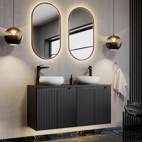 Lomadox Badezimmer Waschplatz Set 3-teilig, 120cm Doppelwaschtisch, schwarz mit gerillter Front | wandhängend | 1 Doppelwaschtisch, 2 LED-Spiegel von Lomadox