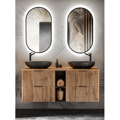 Lomadox Badezimmer Waschplatz Set 3-teilig schwarz gerillt Doppelwaschtisch 141 cm mit Regal Aufsatzwaschbecken 2 LED Spiegel anthrazit mit Eiche Nb. 140,6x200x46,5 cm von Lomadox