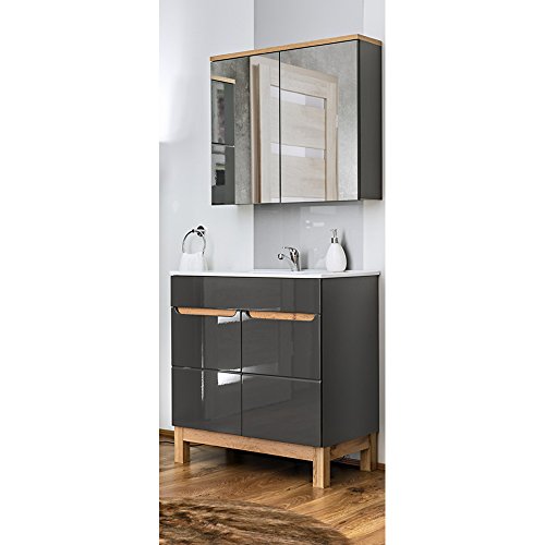 Lomadox Badezimmer Waschplatz Set Hochglanz mit 60 cm Waschtuschunterschrank inkl. Keramik Waschtisch und Spiegelschrank von Lomadox