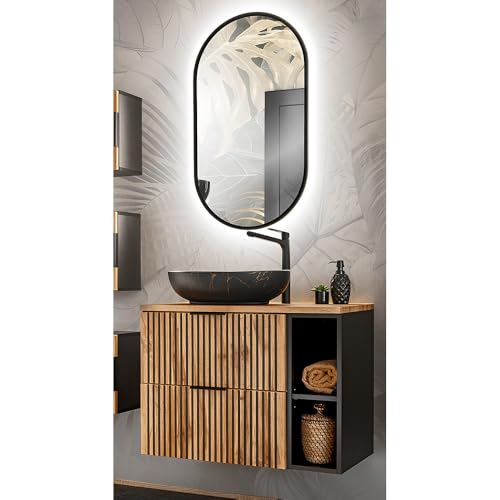 Lomadox Badezimmer Waschplatz Set mit Aufsatzwaschbecken und LED Spiegel in anthrazit mit Eiche Nb. schwarz gerillt, B/H/T: ca. 80,6/200/46,5 cm von Lomadox