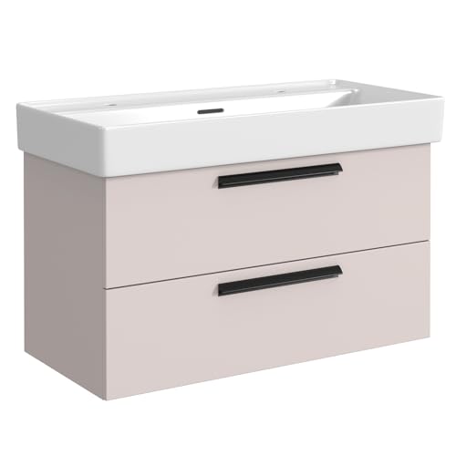 Lomadox Badezimmer Waschtisch 100 cm Breite in Kaschmir mit Waschbecken für 2 Armaturen Softclose-Schubladen von Lomadox