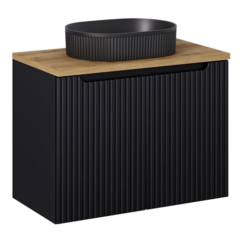 Lomadox Badezimmer Waschtisch 80cm, schwarz mit Eiche, gerillte Front, wandhängend, Keramikwaschbecken Lomadox Badezimmer Waschtisch 80cm, schwarz mit Eiche, gerillte Front, wandhängend, Keramikwaschbecken von Lomadox