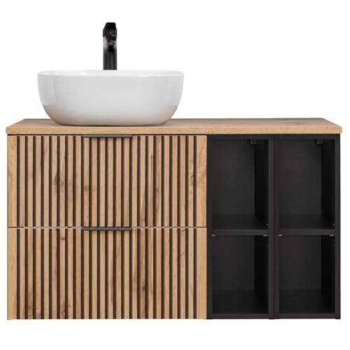 Lomadox Badezimmer Waschtisch Set 100 cm mit Regalen schwarz gerillt Unterschrank Aufsatzwaschbecken anthrazit Wotan Eiche Nb B/H/T 100,6/73,7/46,5 cm von Lomadox