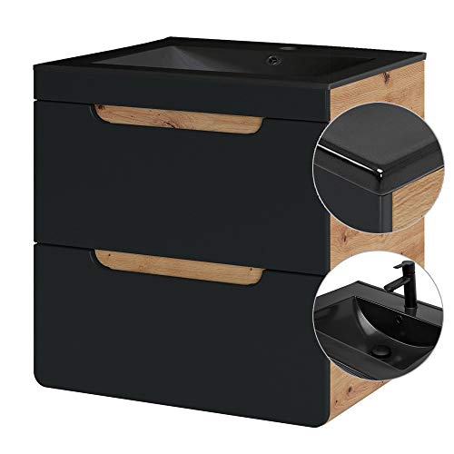 Lomadox Badezimmer Waschtisch Set mit 61 cm Keramik-Waschbecken schwarz, Unterschrank seidenmatt anthrazit & Wotan Eiche Nb., 2 Softclose-Schubkästen Lomadox Badezimmer Waschtisch Set mit 61 cm Keramik-Waschbecken schwarz, Unterschrank seidenmatt anthrazit & Wotan Eiche Nb., 2 Softclose-Schubkästen von Lomadox