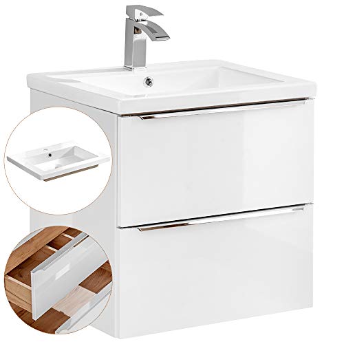 Lomadox Badezimmer Waschtisch-Unterschrank Set, Hochglanz weiß, 61cm Keramik-Waschbecken, 2 gedämpfte Softclose-Schubkästen, B/H/T ca, 61/61/46 cm von Lomadox