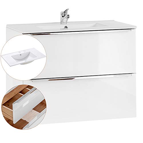 Lomadox Badezimmer Waschtisch-Unterschrank Set, Hochglanz weiß, 81cm Keramik-Waschbecken, 2 Softclose-Schubkästen, B/H/T ca, 81/58,5/46 cm von Lomadox