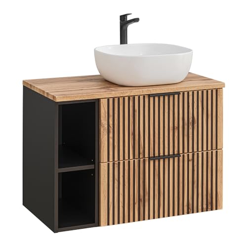 Lomadox Badezimmer Waschtisch mit Regal Schwarze Rillen 80,6x74,2x46,5 cm Unterschrank Waschtischplatte Aufsatzwaschbecken anthrazit mit Eiche Nb. von Lomadox