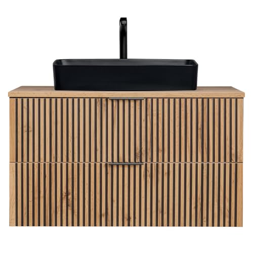 Lomadox Badezimmer Waschtisch schwarz gerillt Unterschrank 100 cm mit Aufsatzwaschbecken Keramik Waschbecken anthrazit Eiche Nb. B/H/T 100,6x70,2x46,5 cm von Lomadox