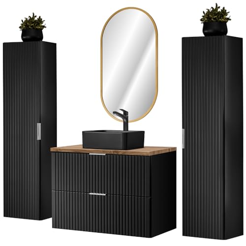 Lomadox Badezimmer komplett Set, mit 2 Hochschränken, Keramik Waschbecken und ovalem LED Spiegel, schwarz matt mit Eiche Nb., gerillt von Lomadox