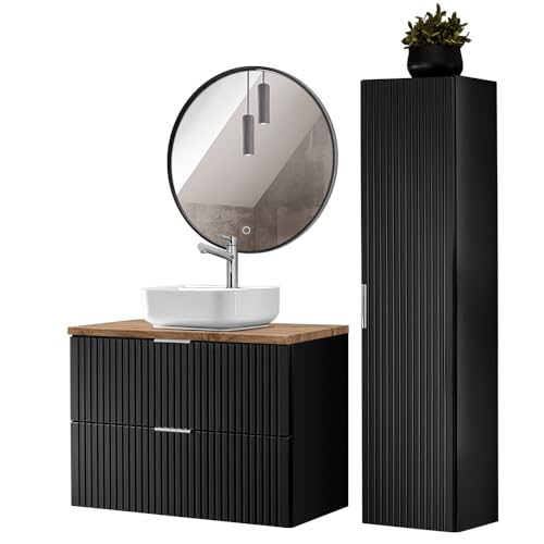 Lomadox Badezimmer komplett Set, mit Hochschrank, Keramik Waschbecken und LED Spiegel, schwarz matt mit Eiche Nb. gerillt Lomadox Badezimmer komplett Set, mit Hochschrank, Keramik Waschbecken und LED Spiegel, schwarz matt mit Eiche Nb. gerillt von Lomadox