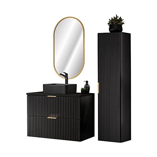 Lomadox Badezimmer komplett Set, mit ovalem LED Spiegel, Keramik Waschbecken und Hochschrank, schwarz matt gerillt, B/H/T ca. 130/200/46,5 cm Lomadox Badezimmer komplett Set, mit ovalem LED Spiegel, Keramik Waschbecken und Hochschrank, schwarz matt gerillt, B/H/T ca. 130/200/46,5 cm von Lomadox