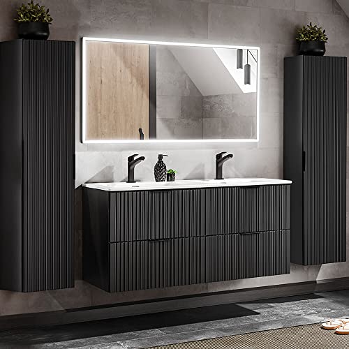 Lomadox Badezimmermöbel Badmöbel Komplett Set, matt schwarz Rillenoptik, 120cm Waschtisch mit Unterschrank, Keramik Waschbecken, LED-Spiegel, 2 Hochschränke, B/H/T 170/200/46 cm Lomadox Badezimmermöbel Badmöbel Komplett Set, matt schwarz Rillenoptik, 120cm Waschtisch mit Unterschrank, Keramik Waschbecken, LED-Spiegel, 2 Hochschränke, B/H/T 170/200/46 cm von Lomadox
