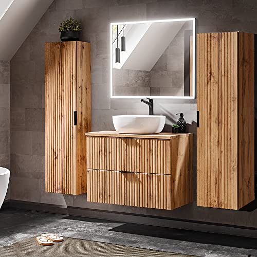 Lomadox Badezimmermöbel Badmöbel Komplett Set Wotaneiche mit Rillenoptik, LED-Spiegel & Waschtisch mit Keramikbecken, 2 Hochschränke von Lomadox