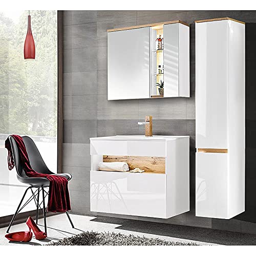 Lomadox Badezimmermöbel Badmöbel Set, Keramik-Waschtisch mit 80cm Unterschrank, Hochglanz weiß mit Wotaneiche, Hochschrank und LED-Spiegelschrank Lomadox Badezimmermöbel Badmöbel Set, Keramik-Waschtisch mit 80cm Unterschrank, Hochglanz weiß mit Wotaneiche, Hochschrank und LED-Spiegelschrank von Lomadox