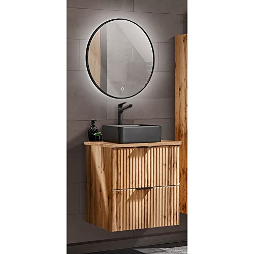 Lomadox Badezimmermöbel Badmöbel Set, Wotaneiche Rillenoptik, 60 cm Waschtisch mit Unterschrank, Keramik Waschbecken schwarz, LED-Spiegel mit Touchfunktion Lomadox Badezimmermöbel Badmöbel Set, Wotaneiche Rillenoptik, 60 cm Waschtisch mit Unterschrank, Keramik Waschbecken schwarz, LED-Spiegel mit Touchfunktion von Lomadox