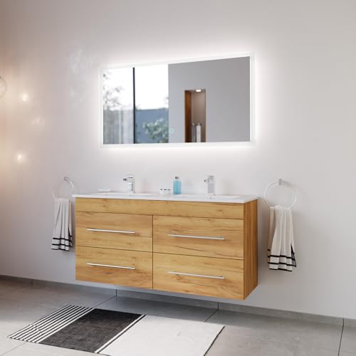 Lomadox Badezimmermöbel Badmöbel Set 2-teilig, Doppel-Waschtisch Waschplatz 120cm breit mit Doppel-Waschbecken, Softclose Schubladen und LED Spiegel, in Eiche Lomadox Badezimmermöbel Badmöbel Set 2-teilig, Doppel-Waschtisch Waschplatz 120cm breit mit Doppel-Waschbecken, Softclose Schubladen und LED Spiegel, in Eiche von Lomadox