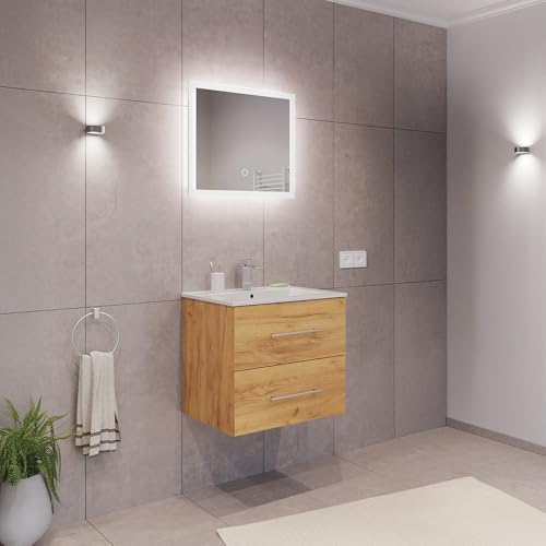 Lomadox Badezimmermöbel Badmöbel Set 2-teilig, Waschtisch Waschplatz 60cm breit mit Waschbecken 2 Softclose Schubladen und LED Spiegel, in Eiche Lomadox Badezimmermöbel Badmöbel Set 2-teilig, Waschtisch Waschplatz 60cm breit mit Waschbecken 2 Softclose Schubladen und LED Spiegel, in Eiche von Lomadox