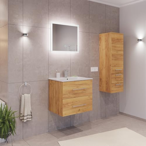Lomadox Badezimmermöbel Badmöbel Set 2-teilig, Waschtisch Waschplatz 60cm breit mit Waschbecken 2 Softclose Schubladen und LED Spiegel, in Eiche von Lomadox