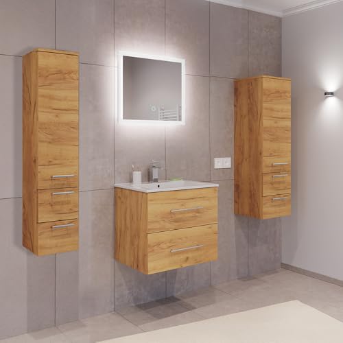 Lomadox Badezimmermöbel Badmöbel Set 2-teilig, Waschtisch Waschplatz 60cm breit mit Waschbecken 2 Softclose Schubladen und LED Spiegel, in Eiche von Lomadox