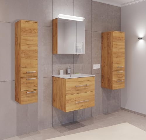 Lomadox Badezimmermöbel Badmöbel Set 2-teilig, Waschtisch Waschplatz 60cm breit mit Waschbecken 2 Softclose Schubladen und LED Spiegel, in Eiche von Lomadox